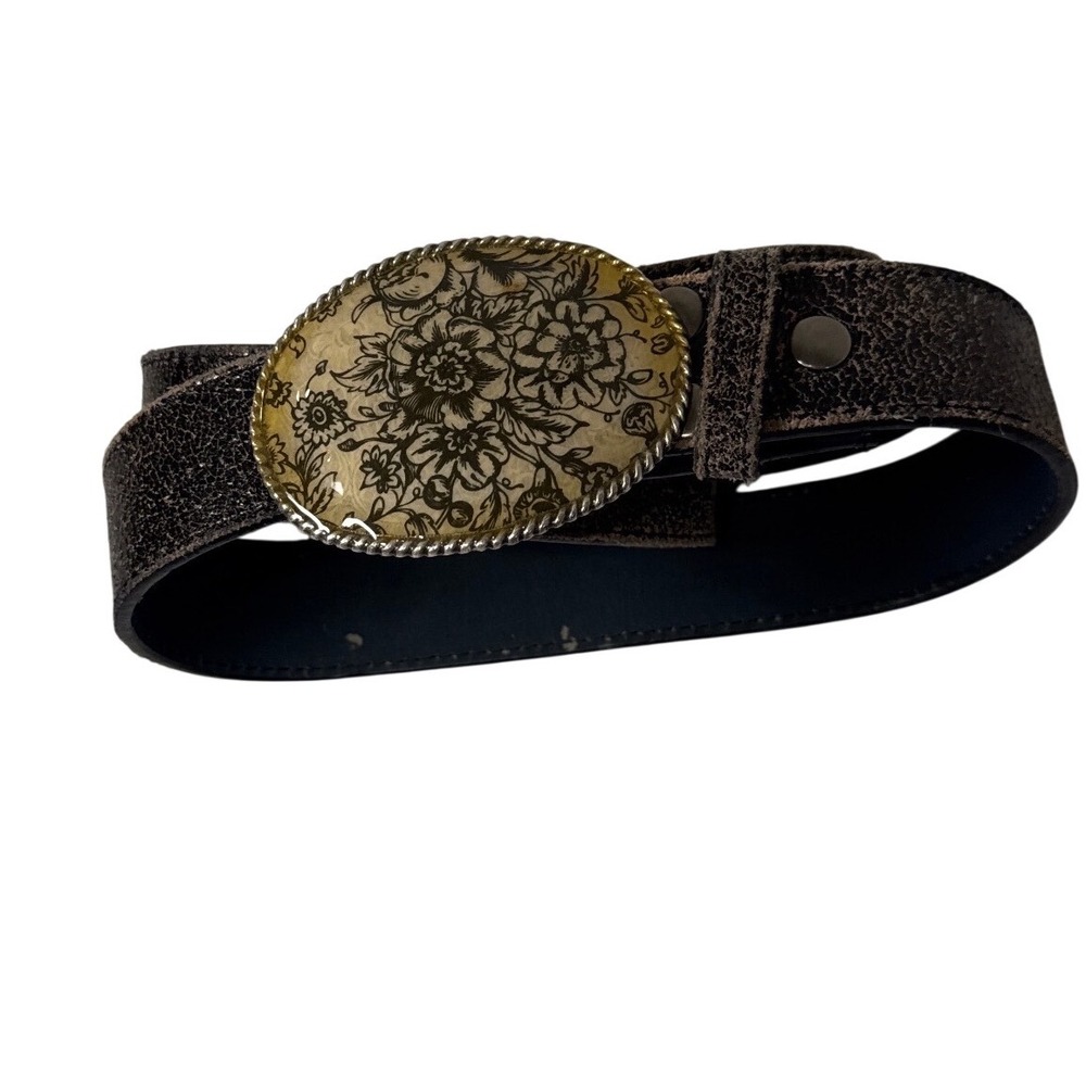 Vtg Classico Italia Women M Genuine Leather Belt Distressed Bronze Floral Buckle